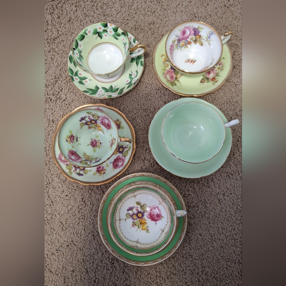 Set of 5 Green Vintage Teacups Made In England for Afternoon Tea